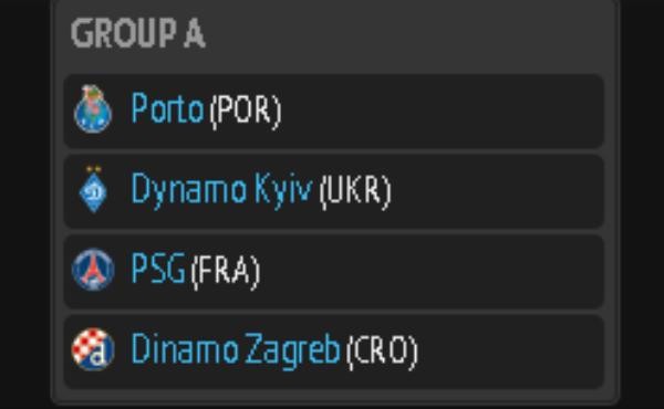 Bảng A: Porto (Bồ Đào Nha) – Dynamo Kiev (Ukraine) – Paris Saint-Germain (Pháp) – Dynamo Zagreb (Croatia)